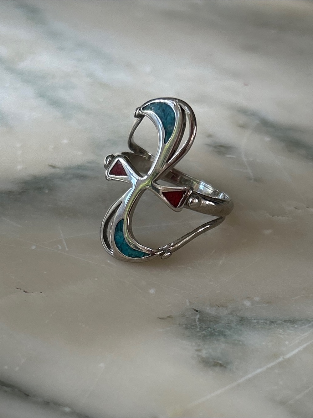 Southwest Style Alpaca Silver Turquoise and Coral Inlay Ring